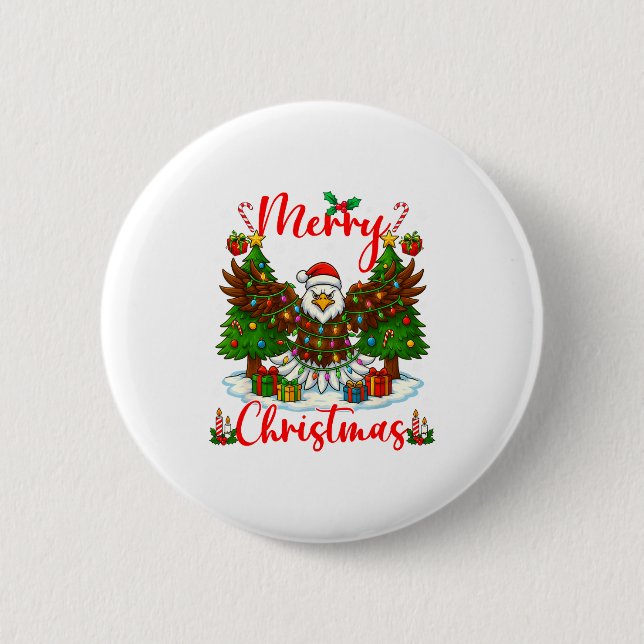 Merry Christmas Funny Bald Eagle Lover Xmas Lights 2 Inch Round Button (Front)