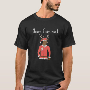 Merry Christmas - Funny Cartoon Elk Santa T-Shirt