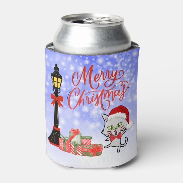 Merry Christmas | Funny Cat in a Santa Hat Can Cooler (Can Front)