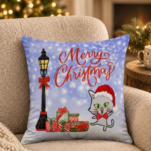 Merry Christmas Funny Cat in a Santa Hat Throw Pillow
