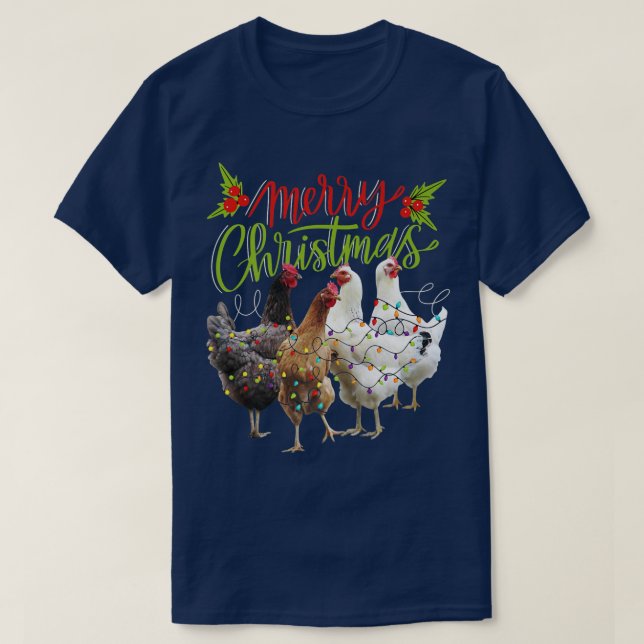 Merry Christmas Funny Chicken Christmas Lights  T-Shirt (Design Front)