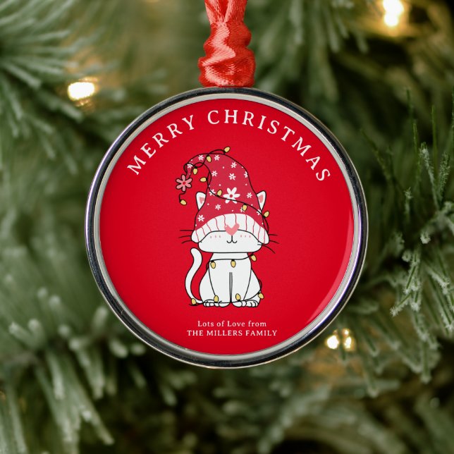 Merry Christmas Funny Cute Christmas Cat Metal Ornament (Tree)