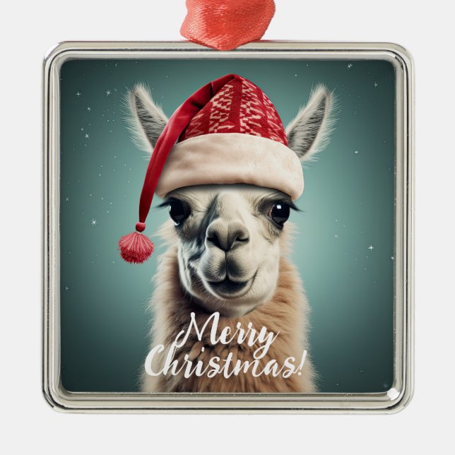 Merry Christmas Funny Cute Lllama Alpaca Santa Hat Metal Ornament (Front)