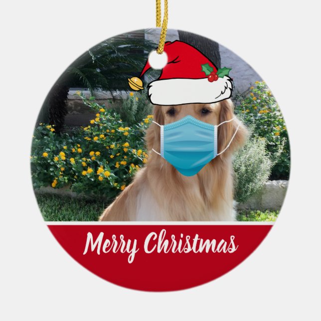 Merry Christmas Funny Dog in Face Mask Ceramic Ornament (Front)