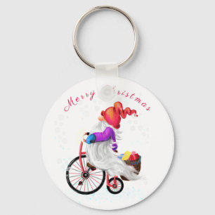 Merry Christmas - Funny Gnome with Bike and Gifts  Keychain
