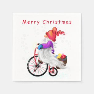 Merry Christmas - Funny Gnome with Bike and Gifts  Napkin