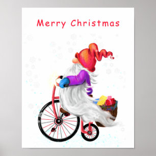 Merry Christmas - Funny Gnome with Bike and Gifts Poster