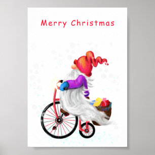 Merry Christmas - Funny Gnome with Bike and Gifts Poster