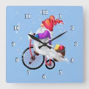 Merry Christmas - Funny Gnome with Bike and Gifts Square Wall Clock
