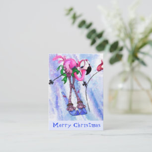 Merry Christmas - Funny Pink Flamingo Skier - Fun Card
