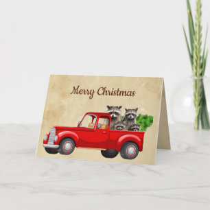 Merry Christmas Funny Raccoon Truck Animals Card