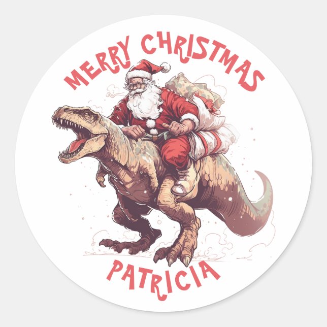 Merry Christmas Funny Santa Claus Riding Dinosaur Classic Round Sticker (Front)