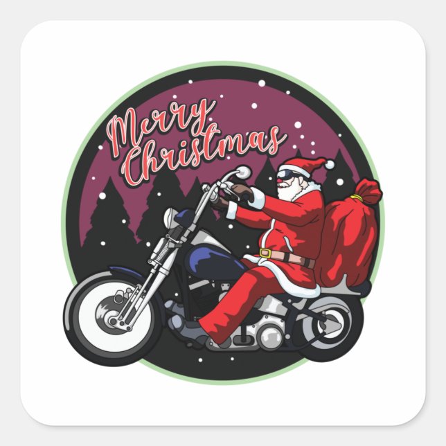 Merry Christmas Funny Santa Rides Motorcycle Gifts Square Sticker (Front)