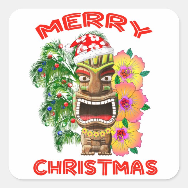 Merry Christmas Funny Santa Tiki Square Sticker (Front)