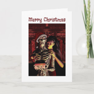 Merry Christmas. Funny skeleton with woman Card