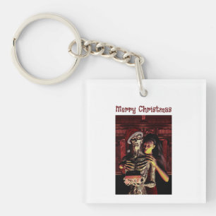Merry Christmas. Funny skeleton with woman Keychain