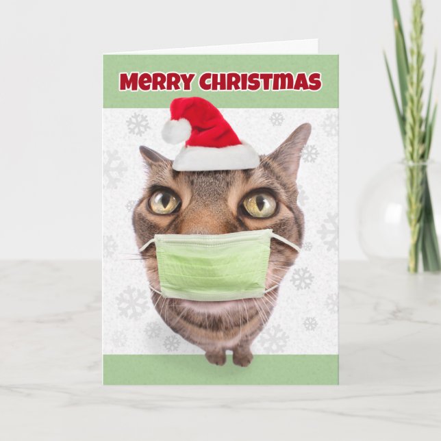 Merry Christmas Funny Tabby Cat in Face Mask Holiday Card (Front)