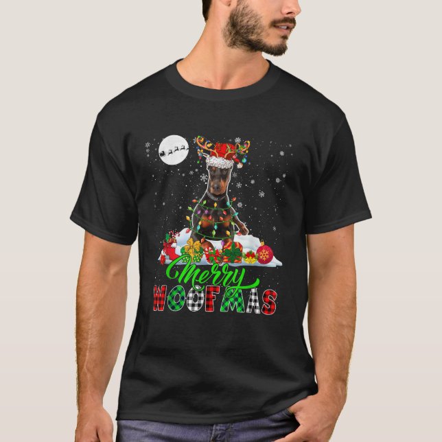 Merry Christmas Funny Woof Xmas Santa Reindeer Dob T-Shirt (Front)