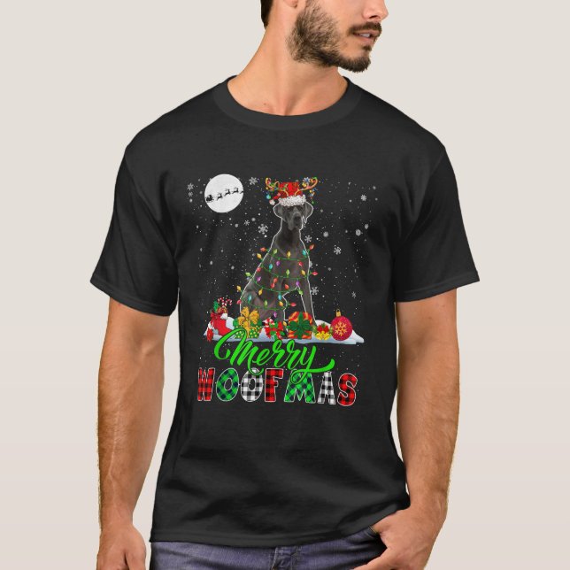 Merry Christmas Funny Woof Xmas Santa Reindeer Gre T-Shirt (Front)
