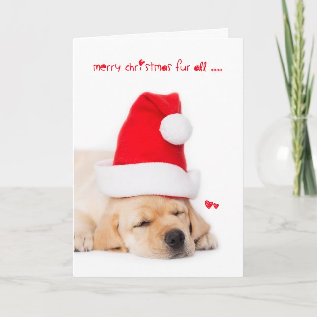 Merry Christmas Fur All Yellow Lab puppy Holiday Card (Front)