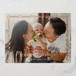 Merry Christmas Garland Trimmed Family Photo Foil Holiday Postcard