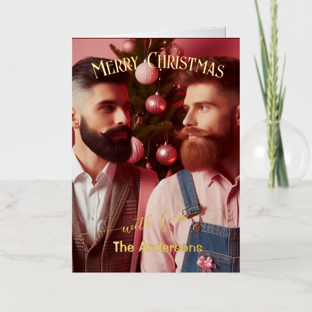 Merry Christmas Gay Retro Pink | Custom Photo  Foil Holiday Card (Front)