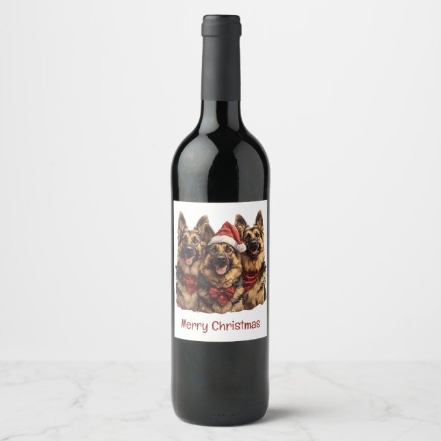 Merry Christmas German Shepherd Dogs Wine Label (Front)