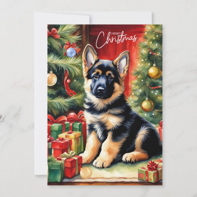 Merry Christmas German Shepherd Puppy Holiday Card (Front)