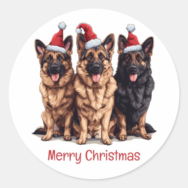 Merry Christmas German Shepherd Santa Dogs Classic Round Sticker (Front)