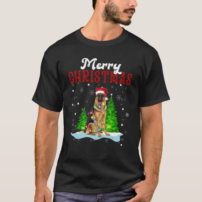 Merry Christmas German Shepherd Tree Lights Dog T-Shirt (Front)