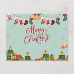 Merry Christmas Gift Boxes and Stockings Holiday Postcard