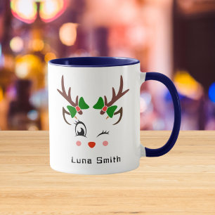 Merry Christmas Gift Cute Deer Faces Blue Coffee Mug