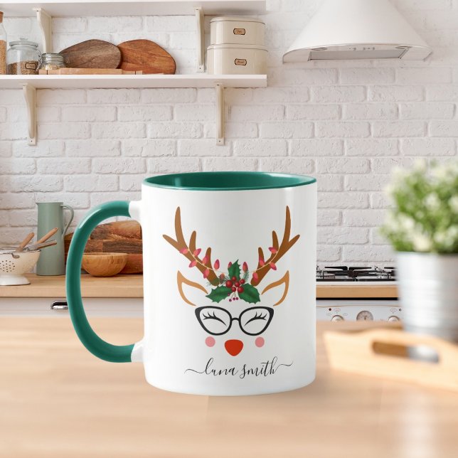 Merry Christmas Gift Cute Reindeer Faces Green Mug (Creator Uploaded)