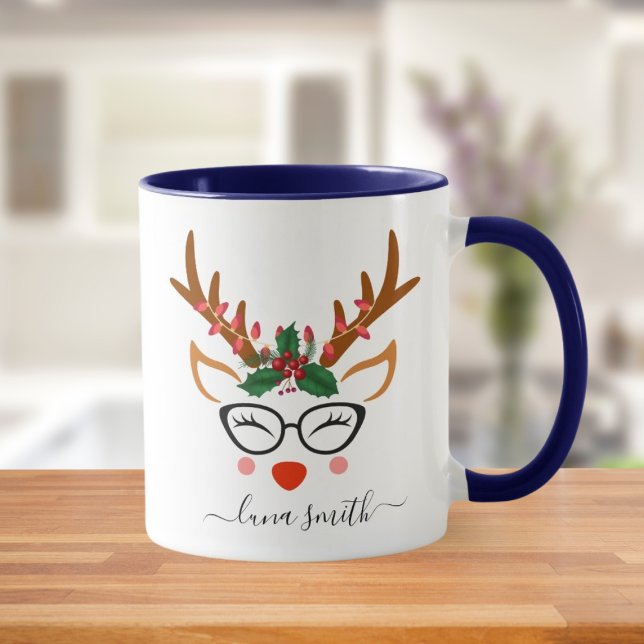 Merry Christmas Gift Cute Reindeer Faces Navy Blue Mug (Creator Uploaded)
