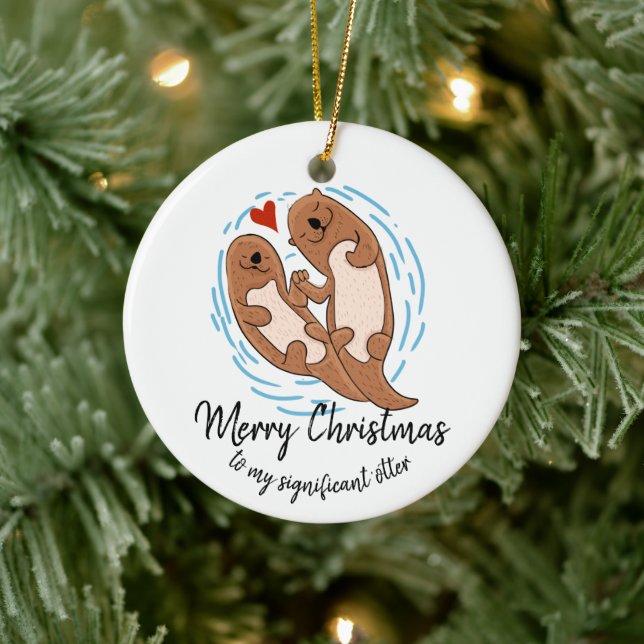 merry Christmas gift for husband wife otter Ceramic Ornament (Tree)