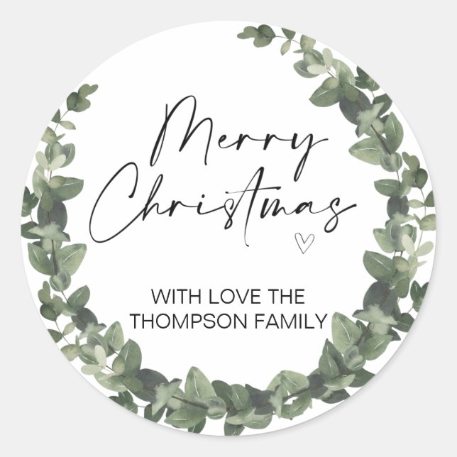 Merry Christmas Gift Label Greenery Wreath Sticker (Front)