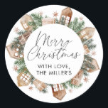 Merry Christmas Gift Label Rustic Neutral Sticker<br><div class="desc">Merry Christmas Round Gift Sticker Labels with greenery and neutral houses and gift graphics. This rustic Christmas gift label is the perfect finishing touch to add to your Christmas presents this year.</div>