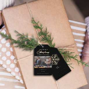 Merry Christmas Gift Photo Black Grey Gold Snow Tags