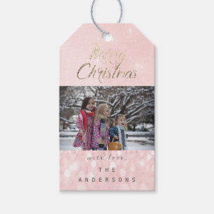 Merry Christmas Gift Photo Gold Pink Snowflakes Tags