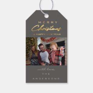 Merry Christmas Gift Photo Grey Gold Snowflakes Tags