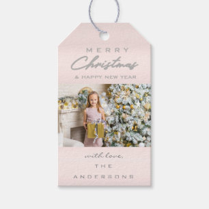Merry Christmas Gift Photo Pink Grey Gold Snow Tags