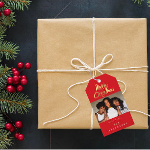 Merry Christmas Gift Photo Red Gold Snowflakes Tags