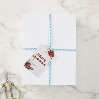 Merry Christmas Gift tag with holly and poinsettia