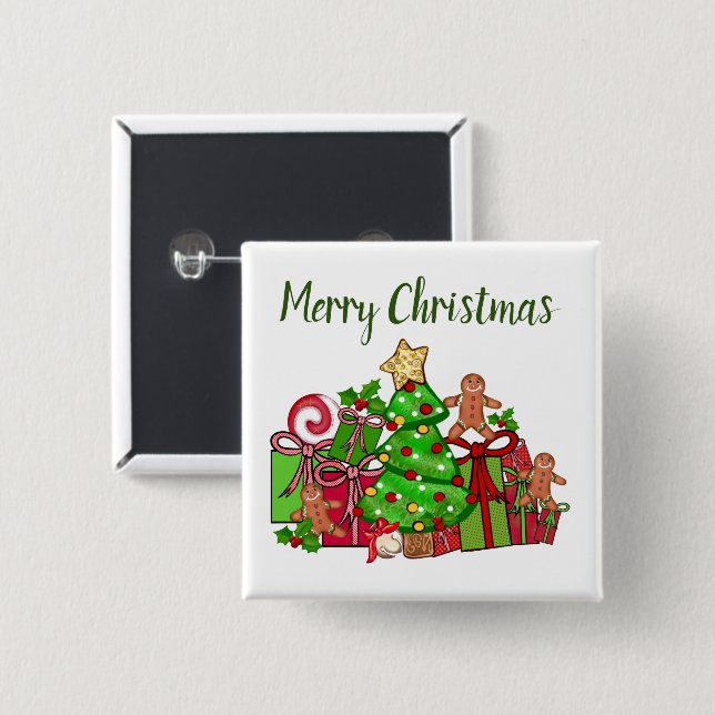 Merry Christmas Gifts Around The Tree 2 Inch Square Button (Front & Back)