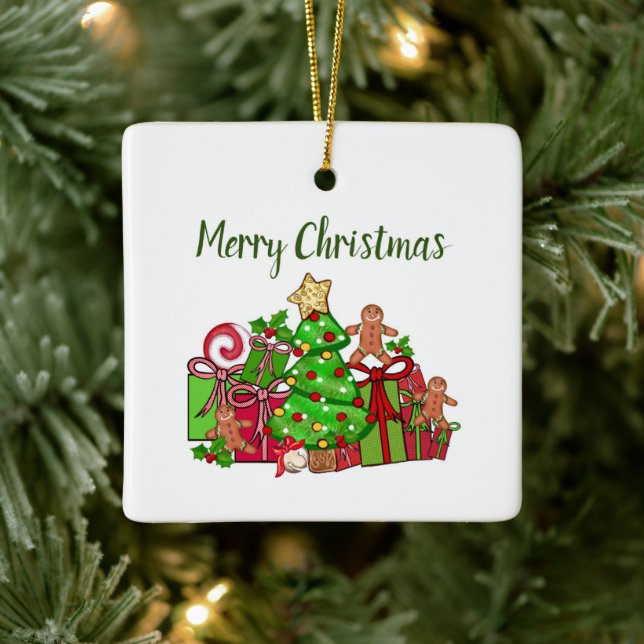 Merry Christmas Gifts Around The Tree Ceramic Ornament (Tree)