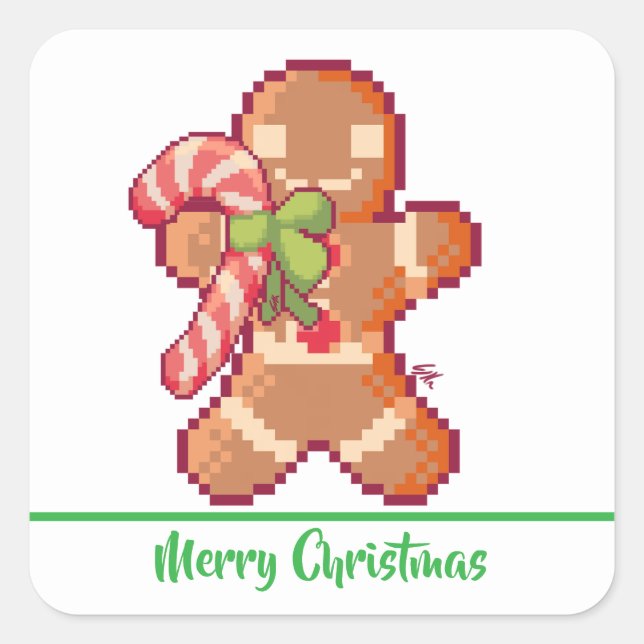 Merry Christmas, Ginger Bread man, Pixel Art Square Sticker (Front)