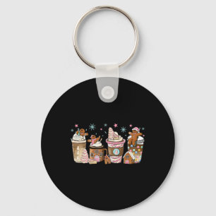 Merry Christmas Gingerbread Cookie Coffee Cups Lat Keychain