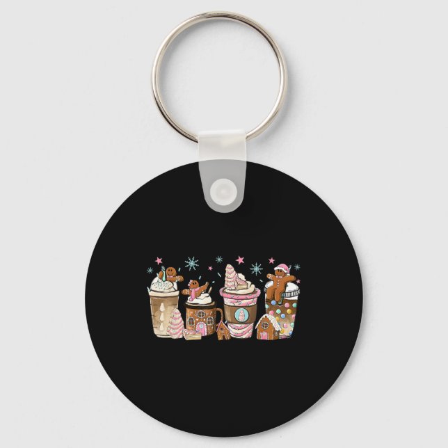 Merry Christmas Gingerbread Cookie Coffee Cups Lat Keychain (Front)