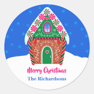 Merry Christmas Gingerbread House Elegant Blue Classic Round Sticker