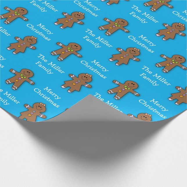 Merry Christmas Gingerbread Man Blue Custom Wrapping Paper (Corner)